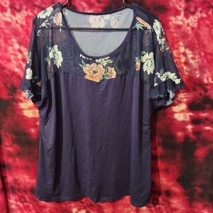 Floral Print Women's Top - Navy Blue